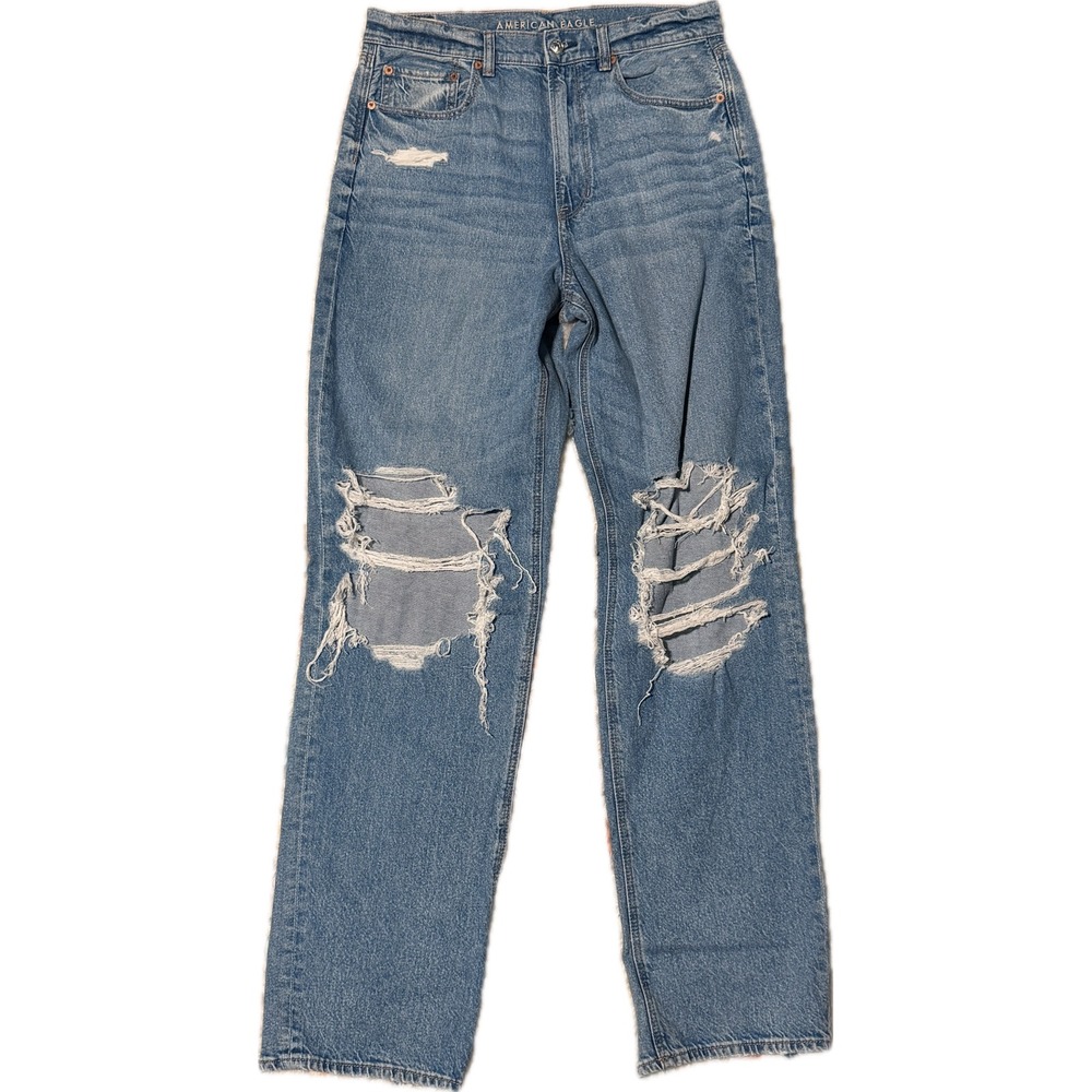 American Eagle Strigid High Rise Distressed Straight Leg Jeans 12 X-Long Blue